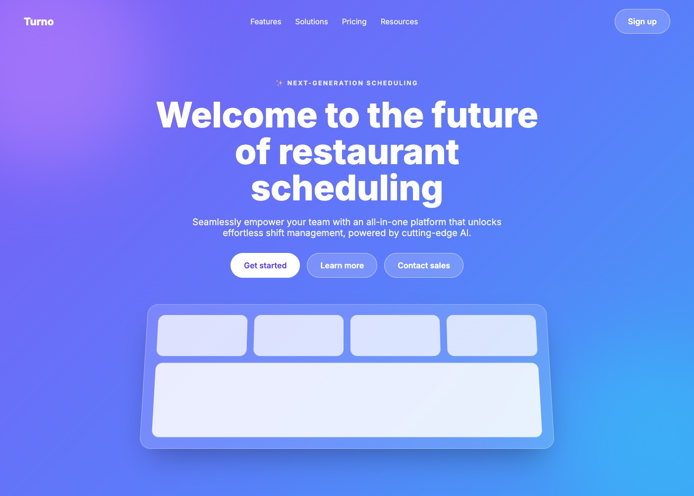 The default page for the Turno brief: purple-to-blue gradient hero, centred welcome headline, three buttons, a floating glass mock-up