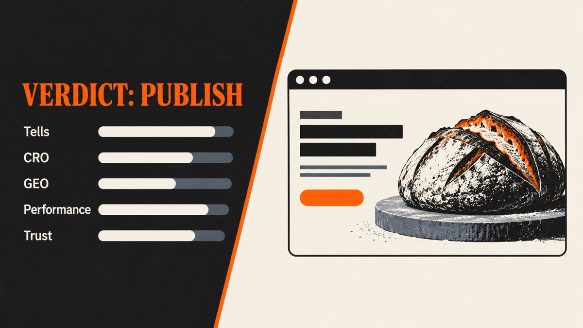 Split illustration: a dark panel with the words VERDICT: PUBLISH and five gate bars, beside a bone-paper bakery page with a loaf on the oven stone
